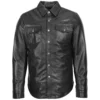 Men’s Black Faux Leather Short Sleeve Shirt with Front Pockets