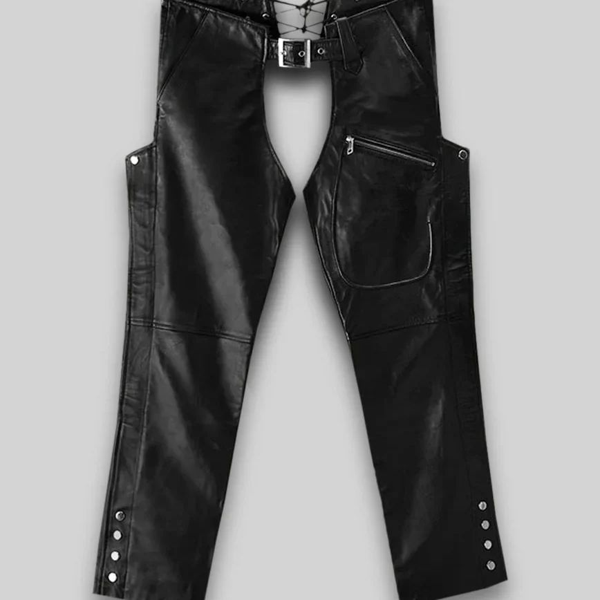 Black Leather Chaps – Adjustable Biker Riding Chaps with Pocket