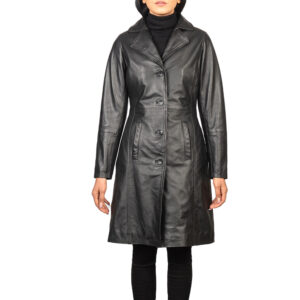 Women’s Classic Black Leather Long Coat