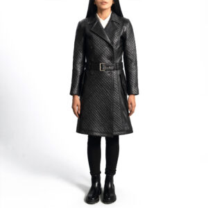 Women’s Black Leather Long Coat Belted Waist Design