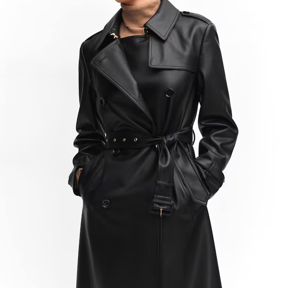 Women Black Leather Trench Coat