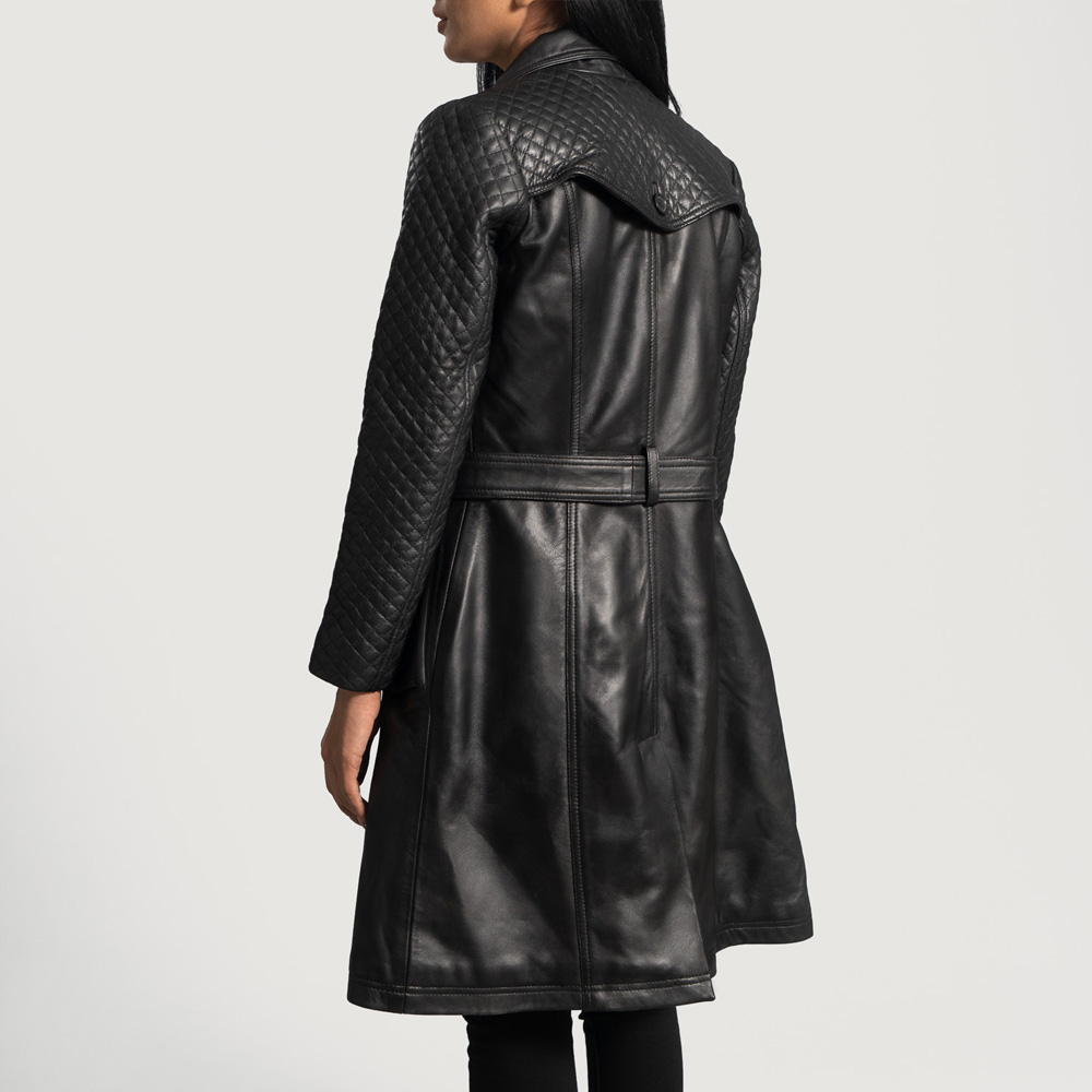 Women’s Black Leather Long Coat Belted Waist Design - Image 2