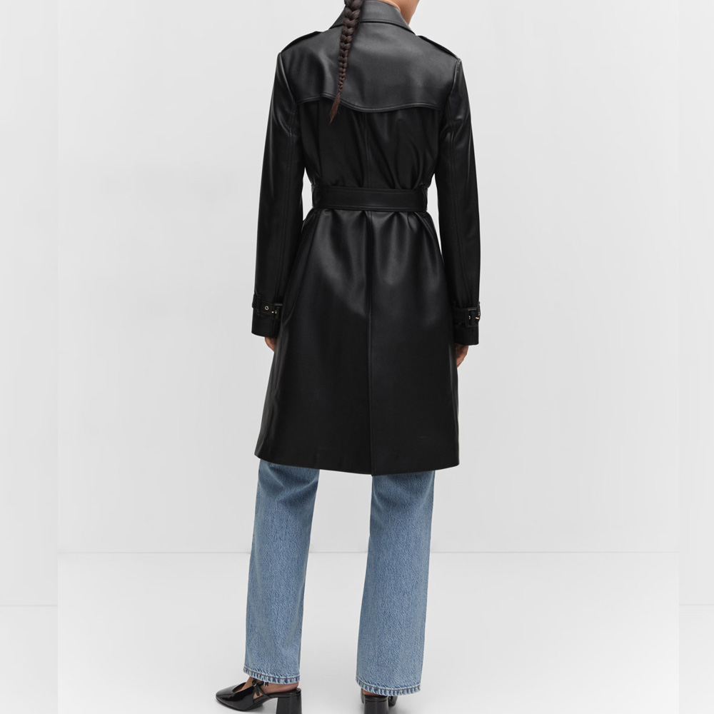Women Black Leather Trench Coat - Image 2