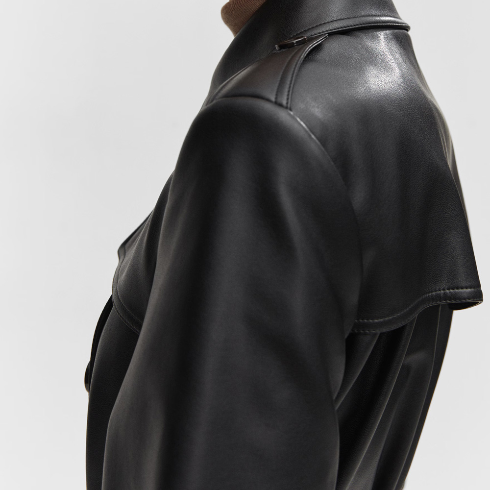Women Black Leather Trench Coat - Image 3