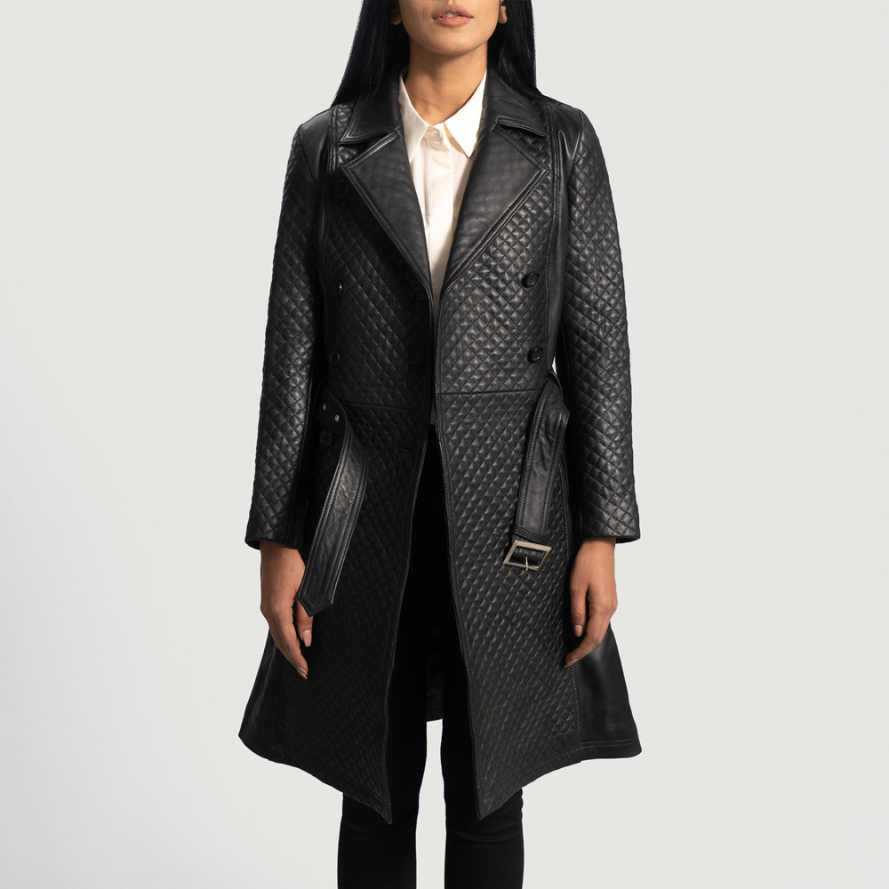 Women’s Black Leather Long Coat Belted Waist Design - Image 4