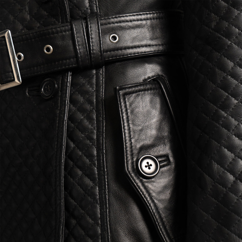 Women’s Black Leather Long Coat Belted Waist Design - Image 5