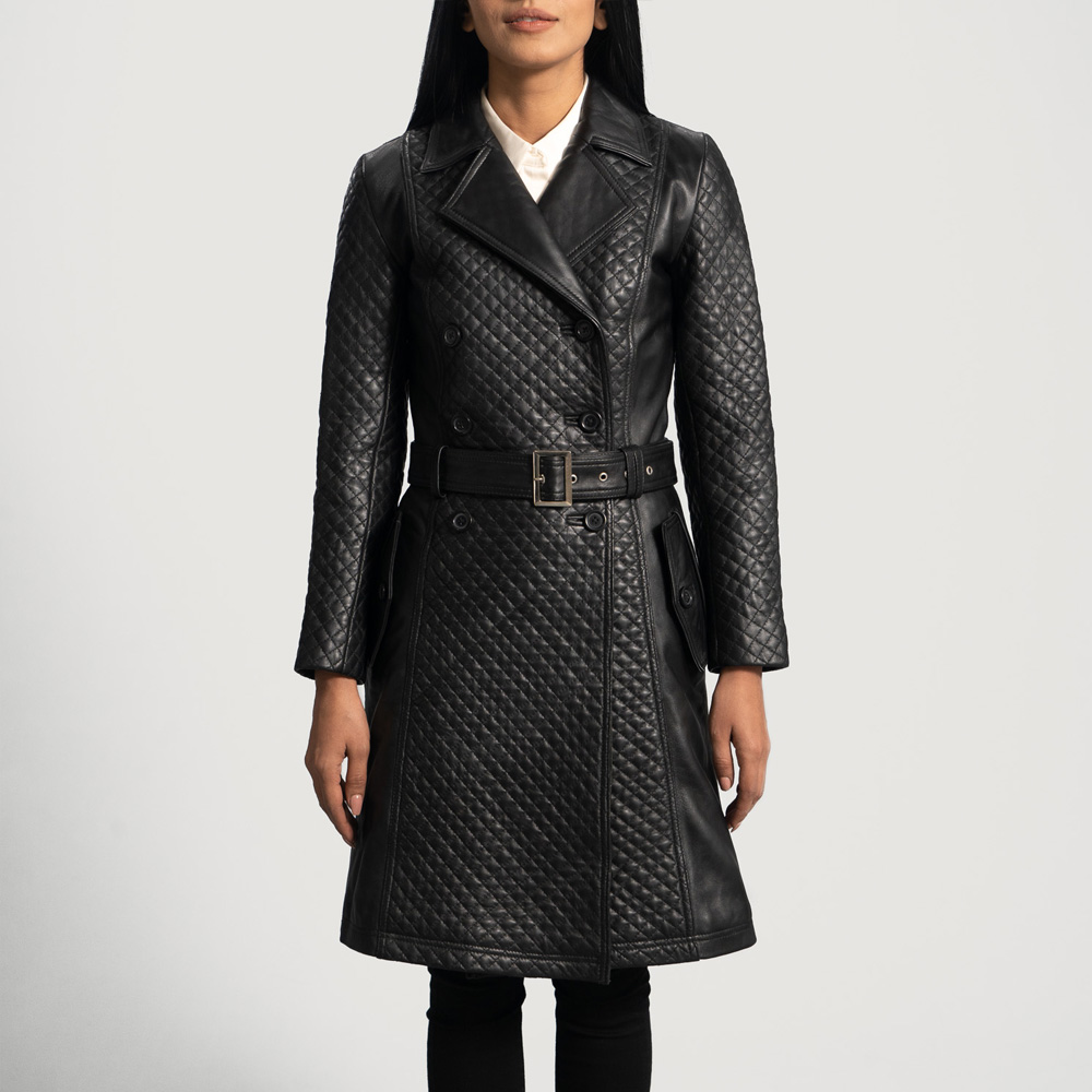 Women’s Black Leather Long Coat Belted Waist Design - Image 6