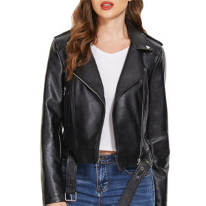 Women’s Black Faux Leather Belted Biker Jacket