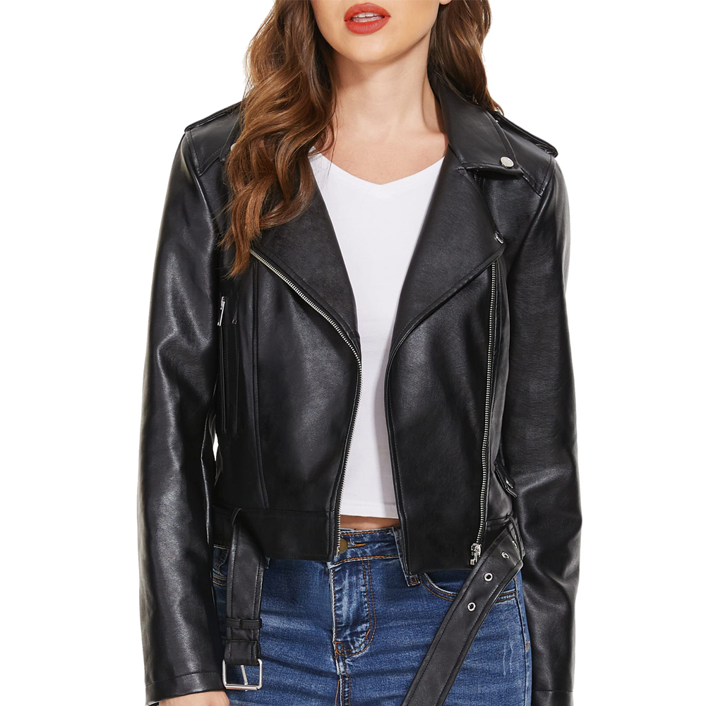 Women’s Black Faux Leather Belted Biker Jacket