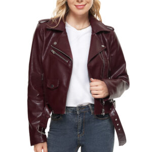 Women’s Burgundy Leather Biker Jacket
