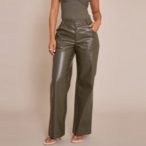 Women wearing petite PU straight leg trousers