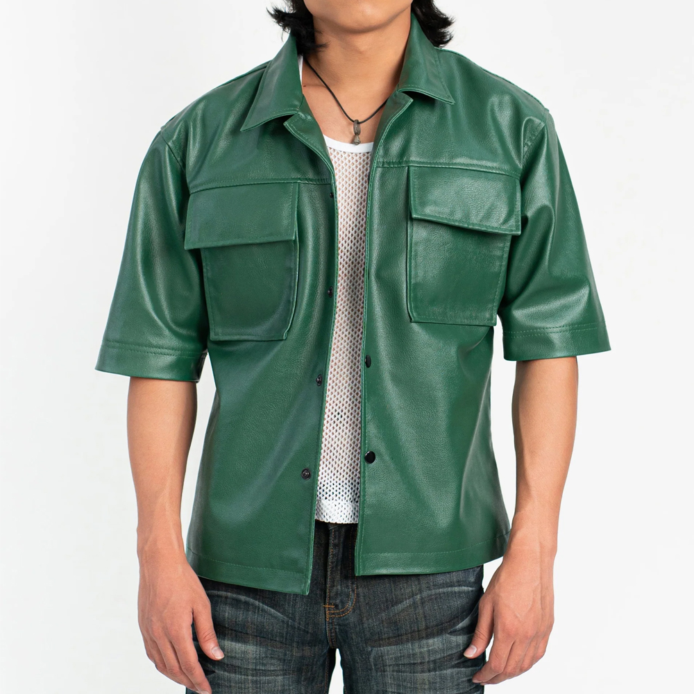 Green Faux Leather Shirt Men
