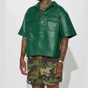 Men's Forest Green Faux Leather Oversized Short Sleeve Shirt