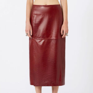 paneled leather midi skirt in a bordeaux or burgundy color