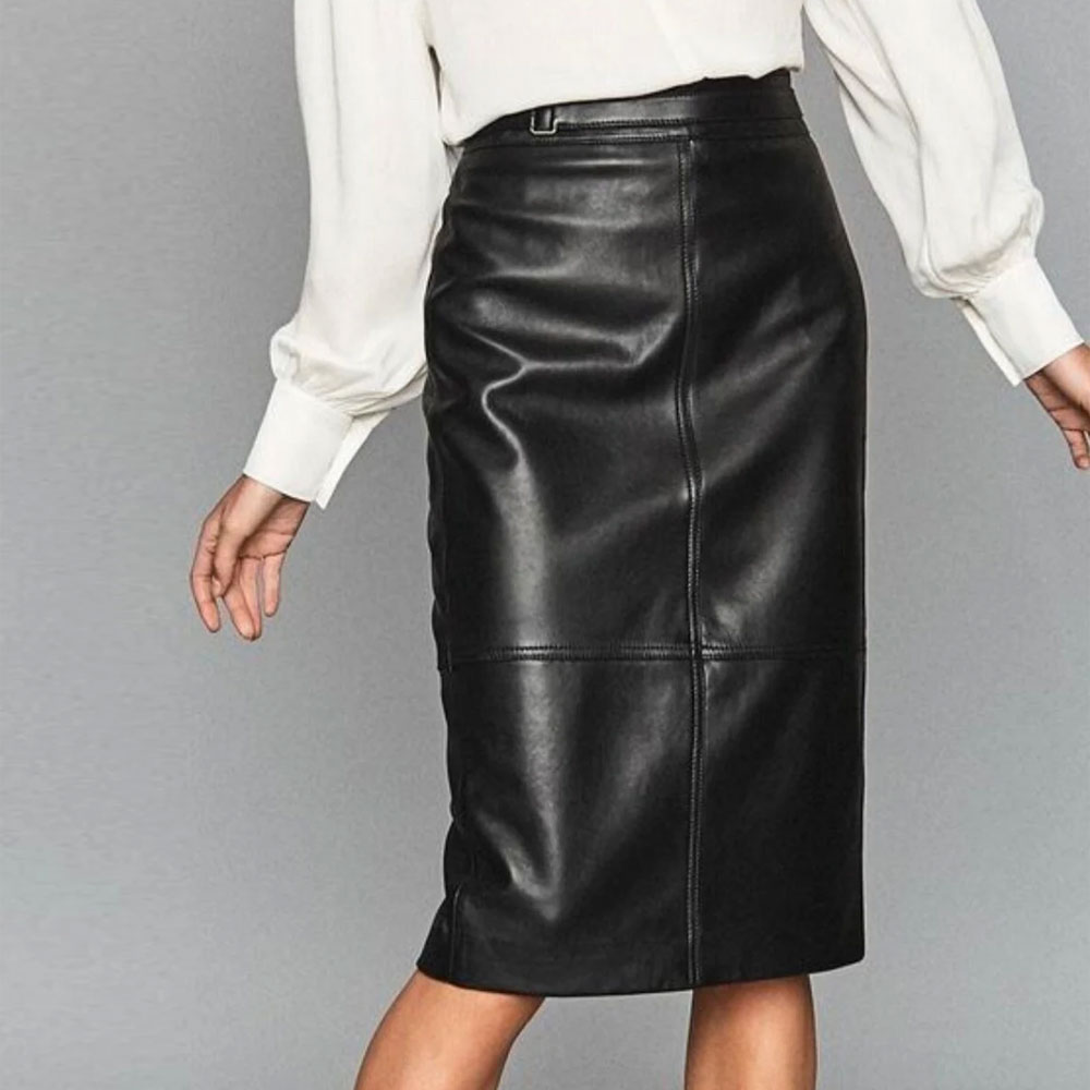 Handmade Lambskin Leather Pencil Skirt Business Casual Midi