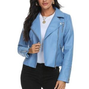 Chic Sky Blue Crop Biker Jacket