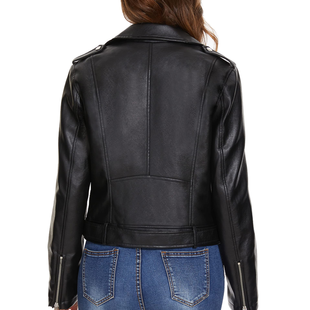 Women’s Black Faux Leather Belted Biker Jacket - Image 2