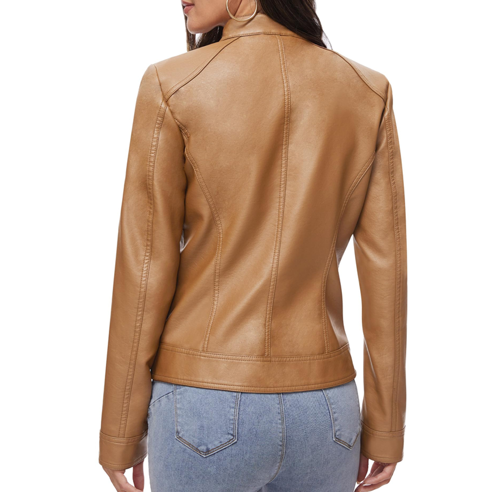 Women’s Classic Tan Leather Biker Jacket - Image 2