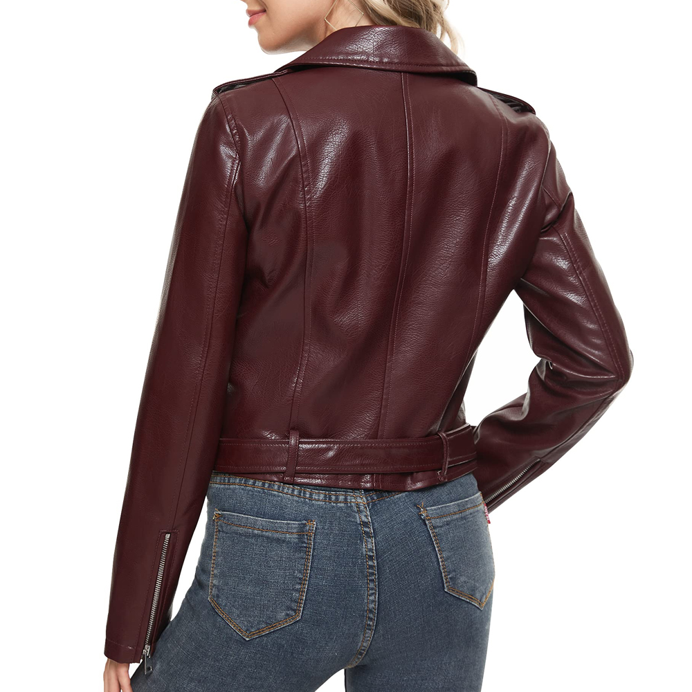 Women’s Burgundy Leather Biker Jacket - Image 2