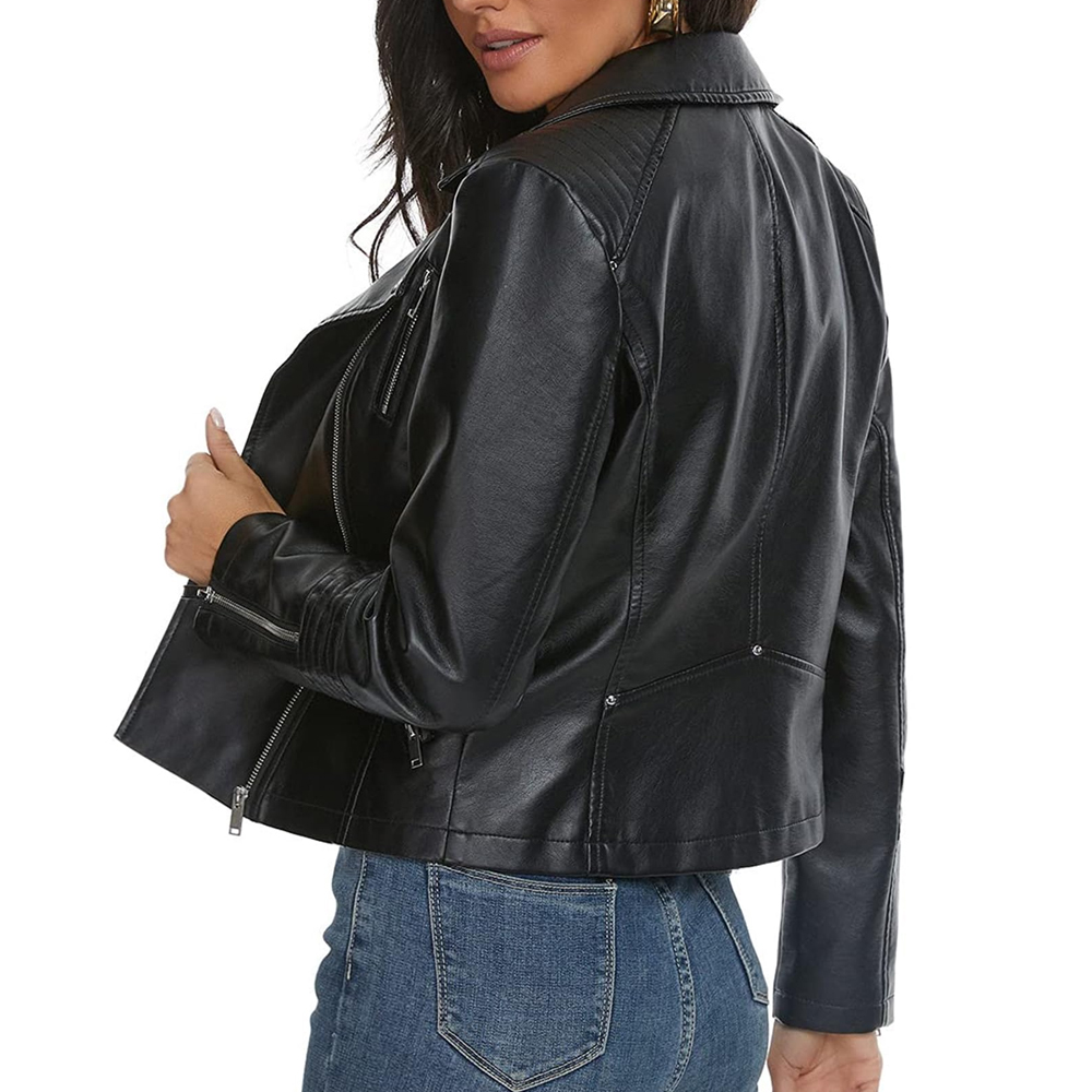 Women’s Black Faux Leather Biker Jacket - Image 2