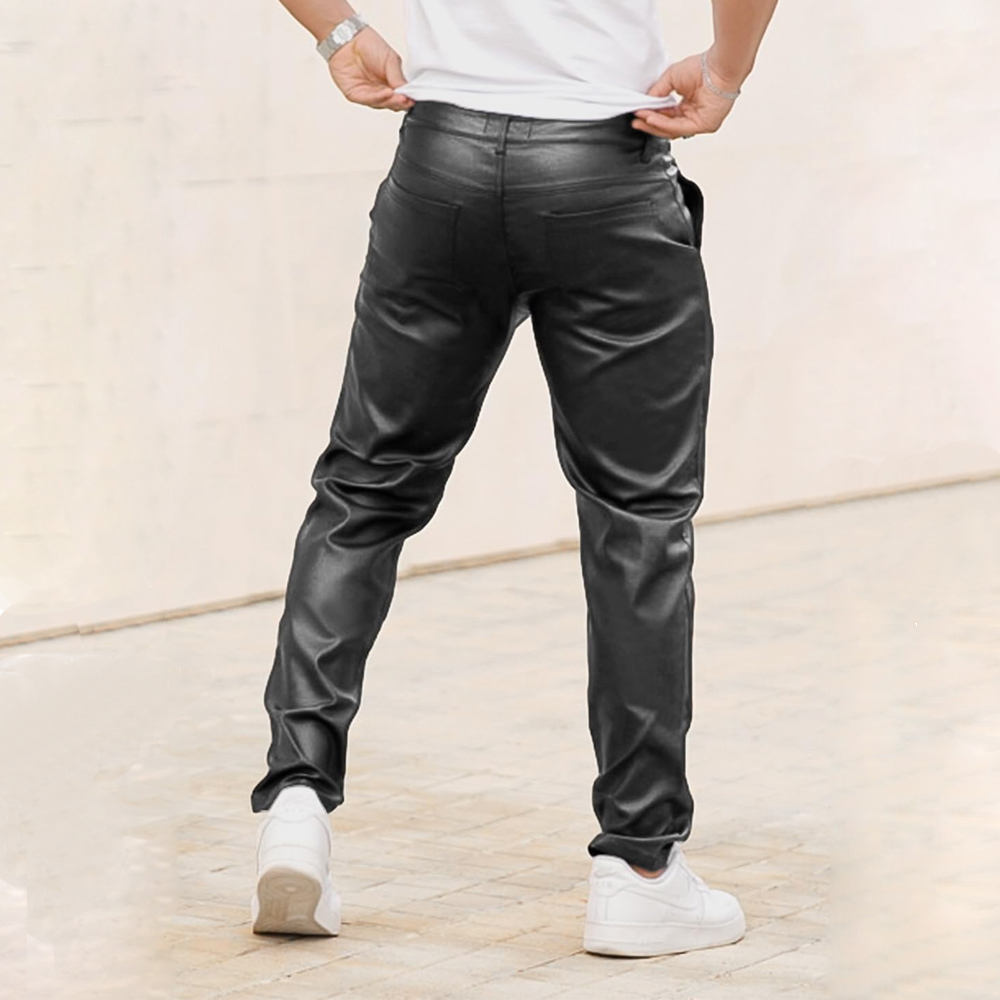 Men’s Black Slim Fit Leather Pants - Image 3