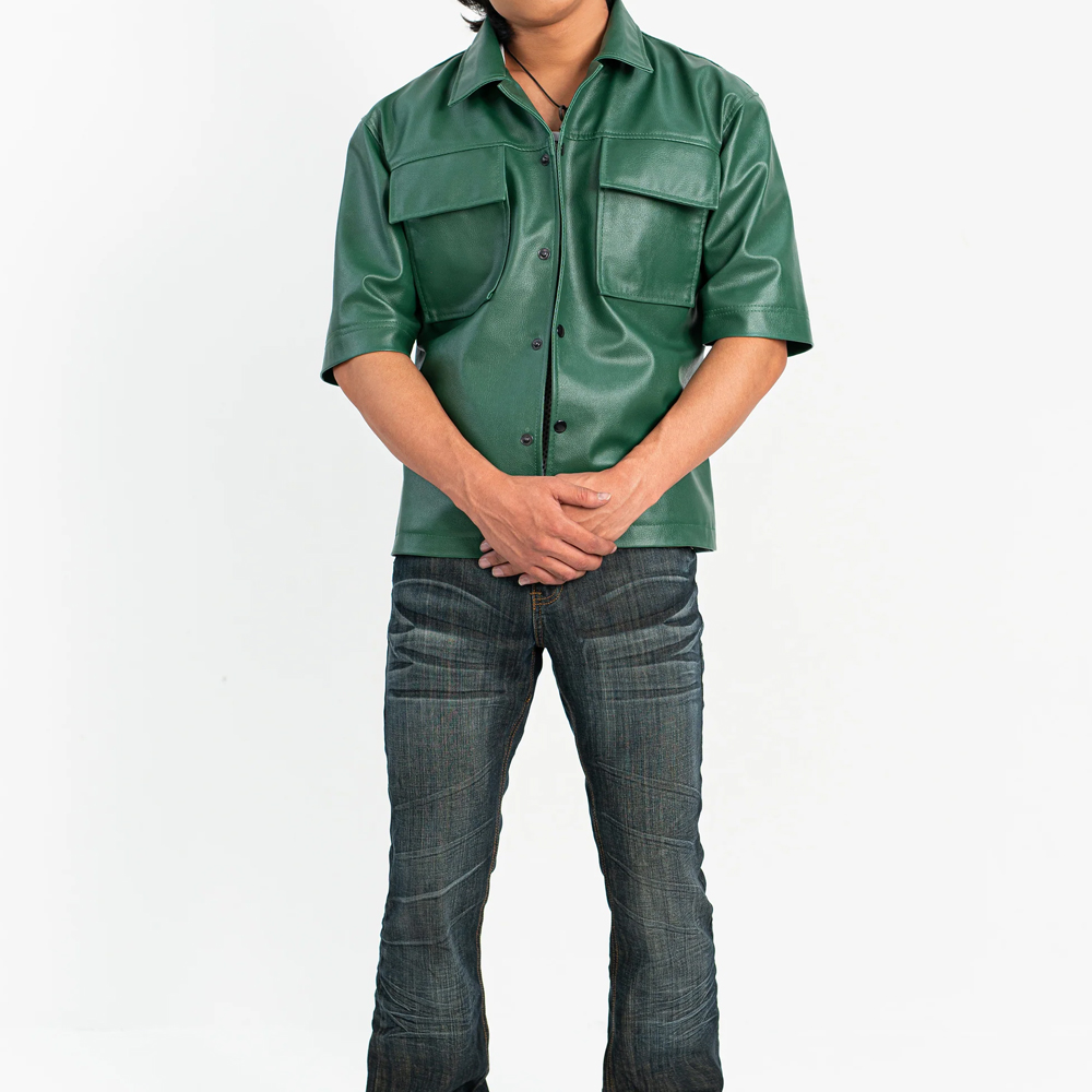 Green Faux Leather Shirt Men - Image 3