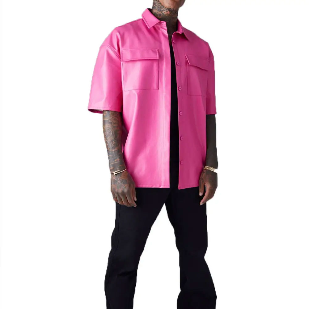 Men’s Velour Short Sleeve Leather Shirt - Image 3