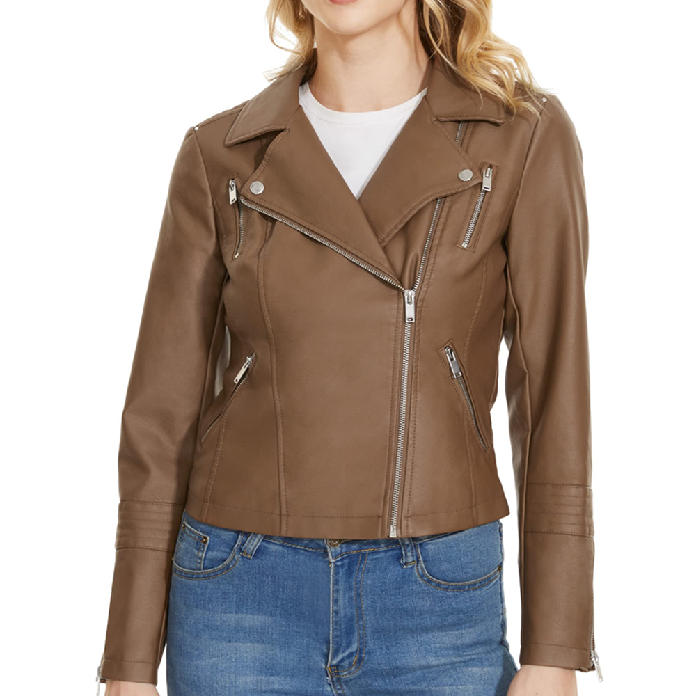 Women's Classic Brown Biker Jacket - Image 3