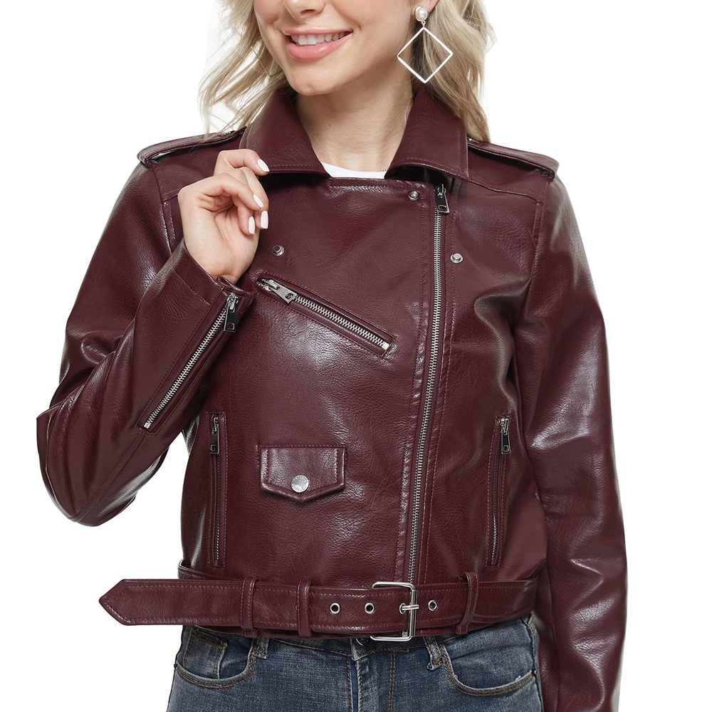 Women’s Burgundy Leather Biker Jacket - Image 3