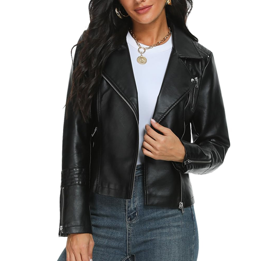 Women’s Black Faux Leather Biker Jacket - Image 3