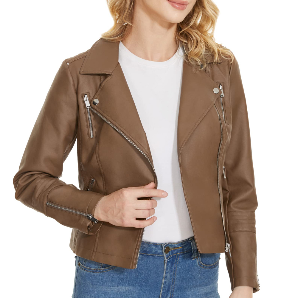 Women's Classic Brown Biker Jacket - Image 4