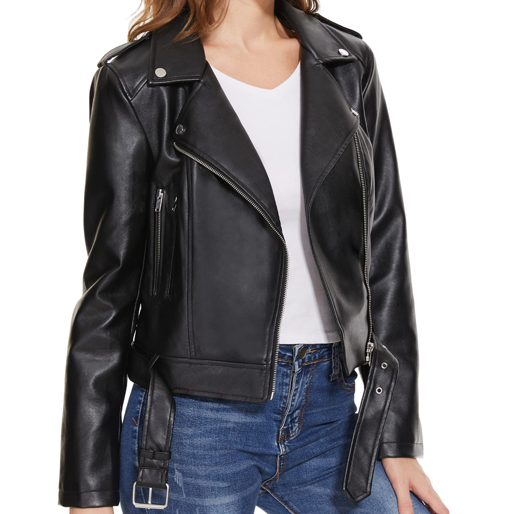 Women’s Black Faux Leather Belted Biker Jacket - Image 5