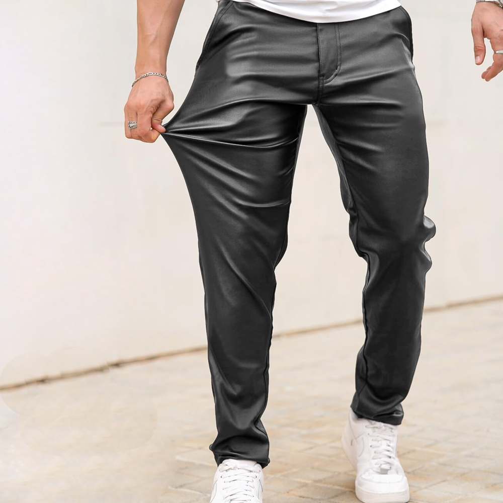 Men’s Black Slim Fit Leather Pants - Image 2