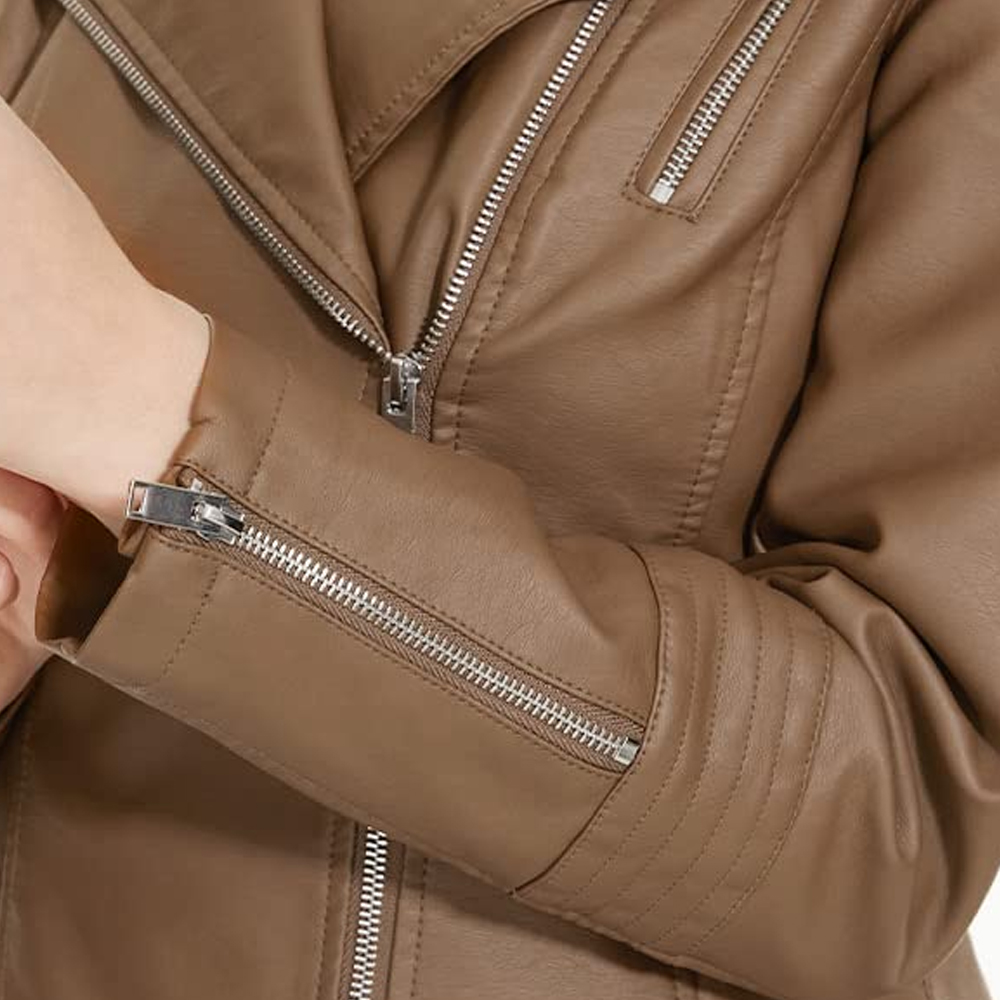 Women's Classic Brown Biker Jacket - Image 5