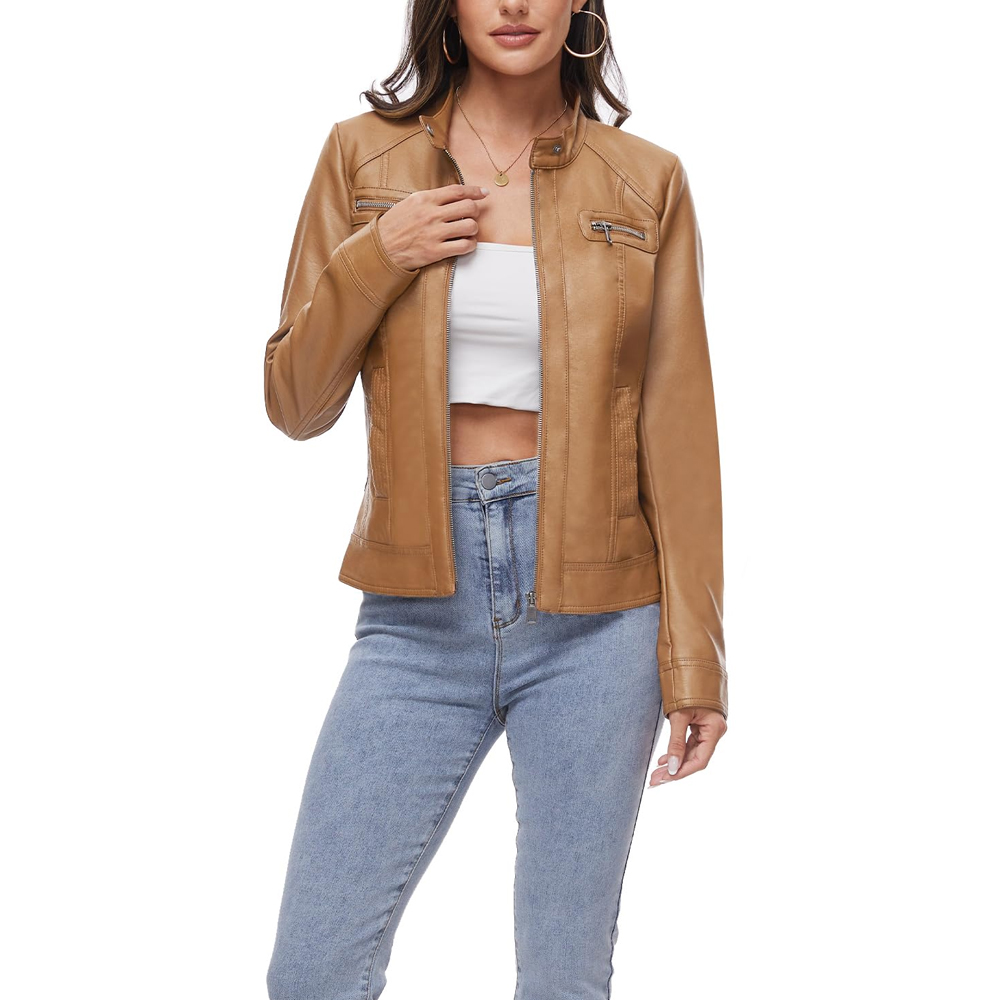 Women’s Classic Tan Leather Biker Jacket - Image 5