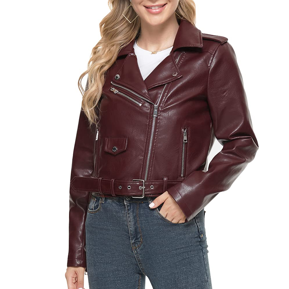 Women’s Burgundy Leather Biker Jacket - Image 5