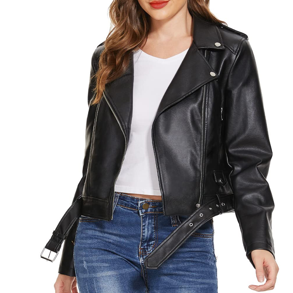 Women’s Black Faux Leather Belted Biker Jacket - Image 6