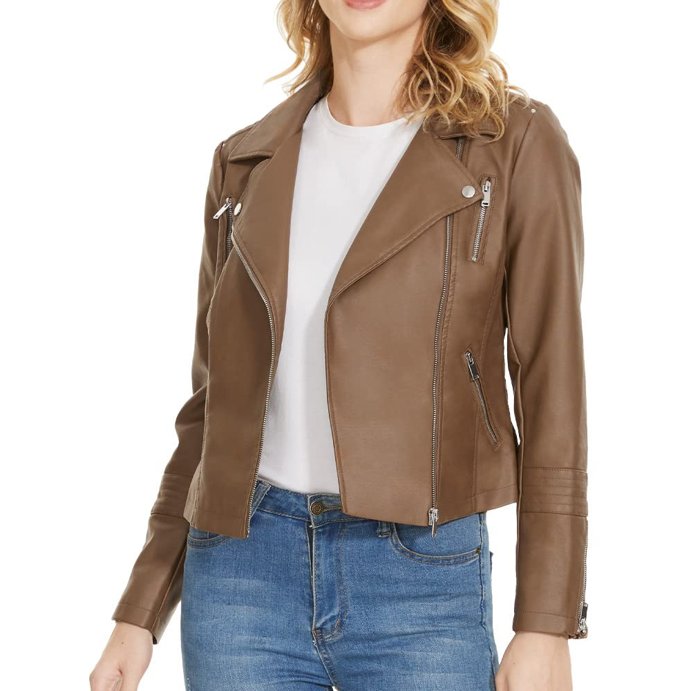 Women's Classic Brown Biker Jacket - Image 6