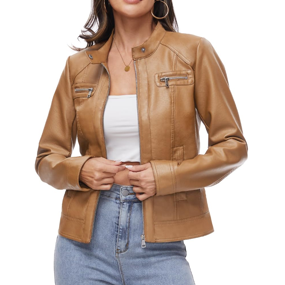 Women’s Classic Tan Leather Biker Jacket - Image 6