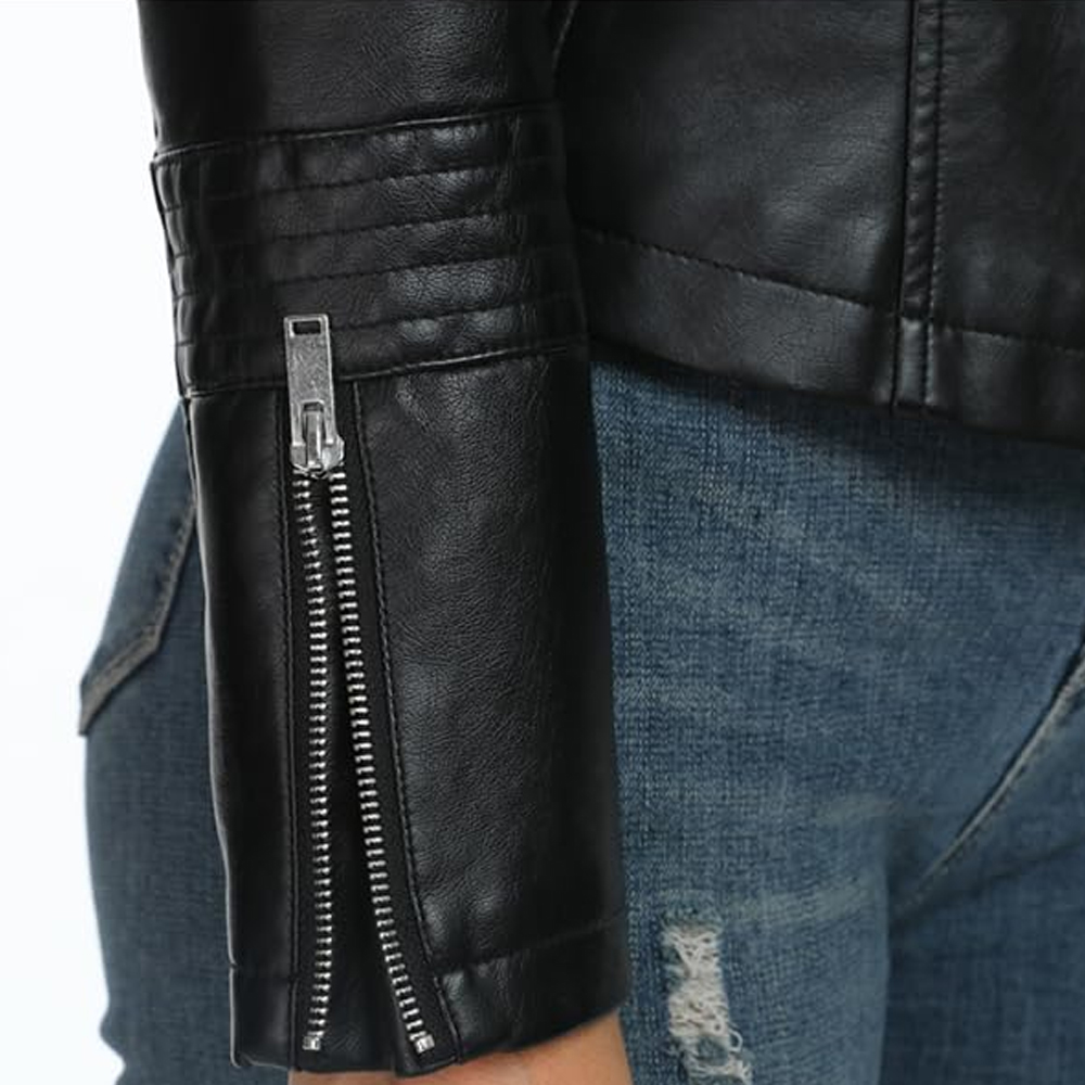 Women’s Black Faux Leather Biker Jacket - Image 6