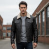 Black Leather Trucker Jacket with Shearling Collar for Men