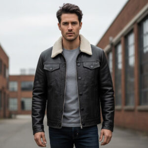 Black Leather Trucker Jacket with Shearling Collar for Men
