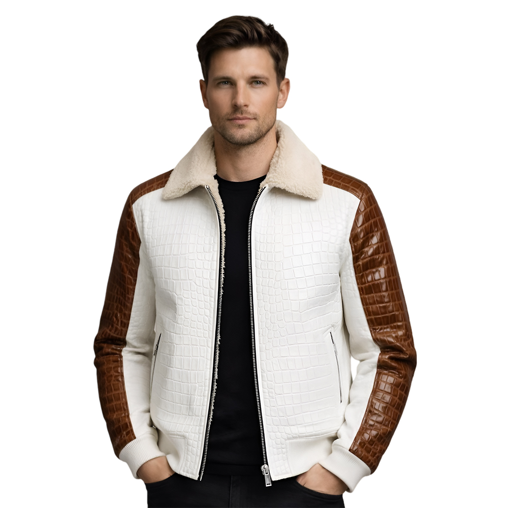 Men’s Crocodile Style Embossed Leather Jacket - Image 3