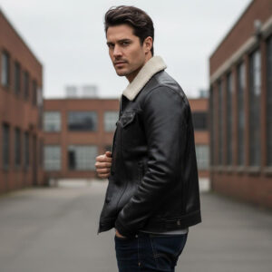 Black Leather Trucker Jacket with Sherpa Collar for Men