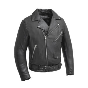 Men's Black Motorbike Jacket with Front Zip Closure