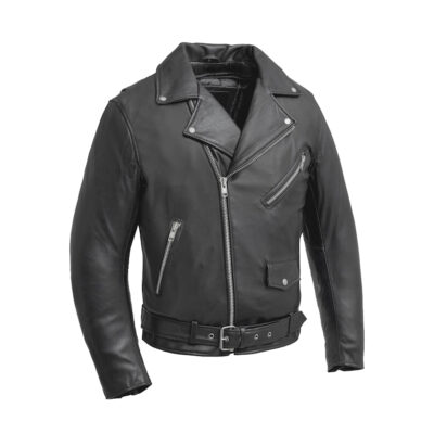 Men's Black Motorbike Jacket with Front Zip Closure