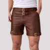 Men’s Brown Leather Buckle Shorts with Double Waist and Thigh Straps