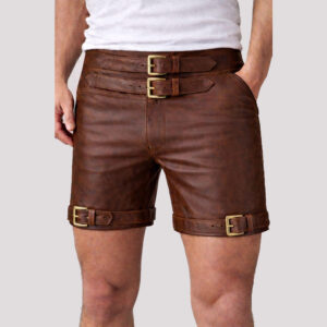Men’s Brown Leather Buckle Shorts with Double Waist and Thigh Straps