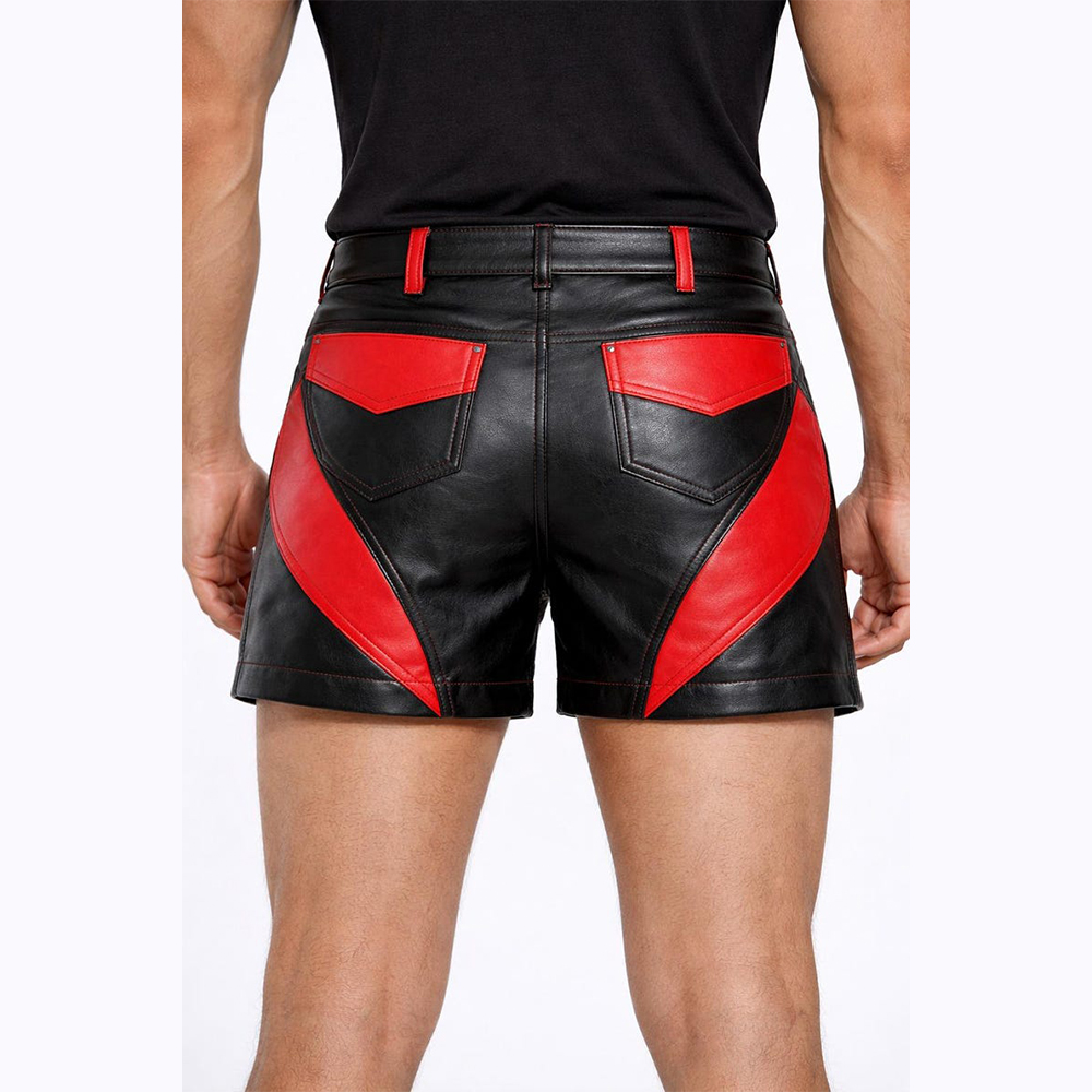 Handmade Red and Black Leather Shorts for Men - Image 2