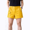 Men’s Yellow Leather Cargo Shorts with Side Buckle Straps and Flap Pocket